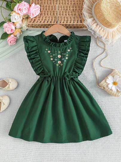 Vestido casual y elegante para niña con patrón personalizado, decoración de lazo en la cintura y mangas con volantes, adecuado para uso diario en verano