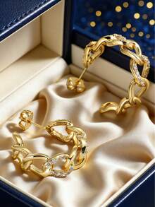 Women's Gold-Plated C-Shaped Earrings, Featuring Thick Chain And Fully Paved Cubic Zirconia Stones, Minimalist Elegant Design, Suitable For Daily Commute And Workwear, An Ideal Gift For Fashion Enthusiasts - Gold - View 3