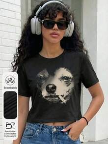 女士日常吸烟吉娃娃图案圆领短袖休闲夏季女式上衣，复古Y2K图案时尚百搭女士黑色露脐T恤 - 黑色 - 查看 2