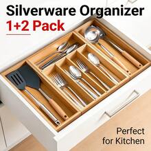 Bamboo Kitchen Drawer Organizer, Expandable Silverware Tray For Drawer, Multi-Slot Silverware Organizer & Utensil Drawer Organizer For Cutlery - 原木色 - 查看 1
