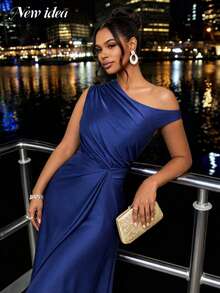 Women's Elegant Navy Blue Satin Long Dress, Asymmetric Ruched High Waist Fitted Design, Suitable For Spring/Summer Occasions Like Festivals, Weddings, And Concerts - Navy Blue - View 1