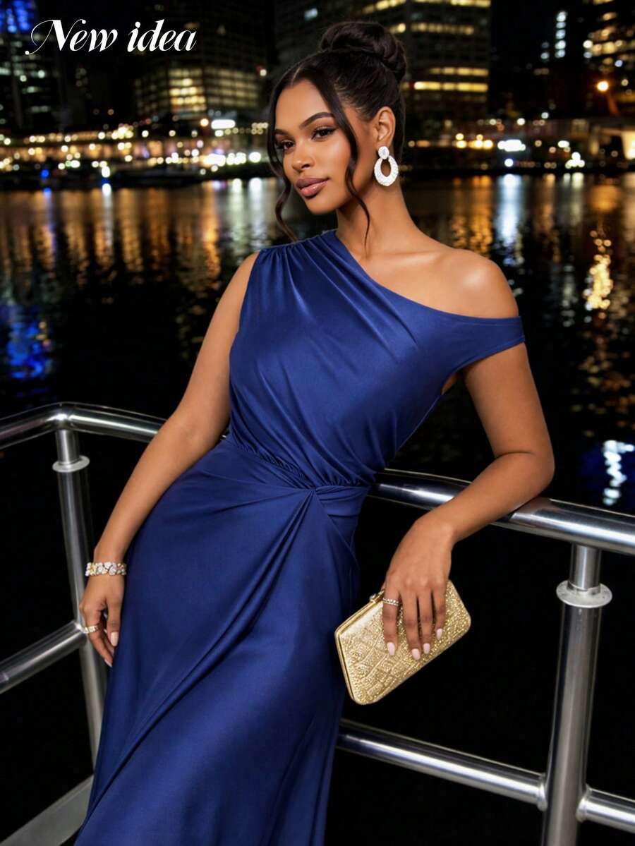 Women's Elegant Navy Blue Satin Long Dress, Asymmetric Ruched High Waist Fitted Design, Suitable For Spring/Summer Occasions Like Festivals, Weddings, And Concerts - Navy Blue - View 1