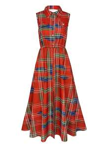 新款复古英伦红色格子无袖翻领连衣裙，收腰喇叭长款衬衫裙，夏季度假沙滩裙 - 紅色 - 查看 3