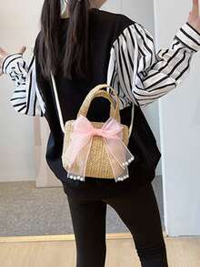 Pink Bow Straw Handbag, Girly Woven Underarm Bag, Summer Mini Purse - Multicolor - View 11