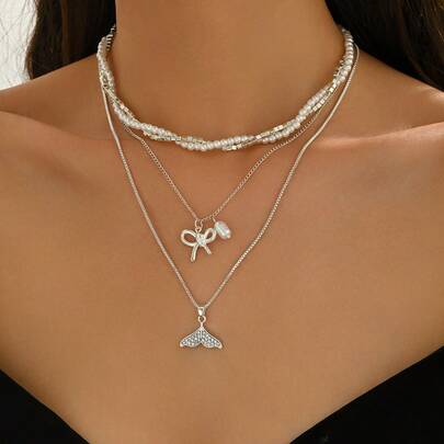 Multi-Layer Rhinestone Fish Tail & Bow Pendant Necklace, Layered Faux Pearl Jewelry Suitable For Women's Daily Wear