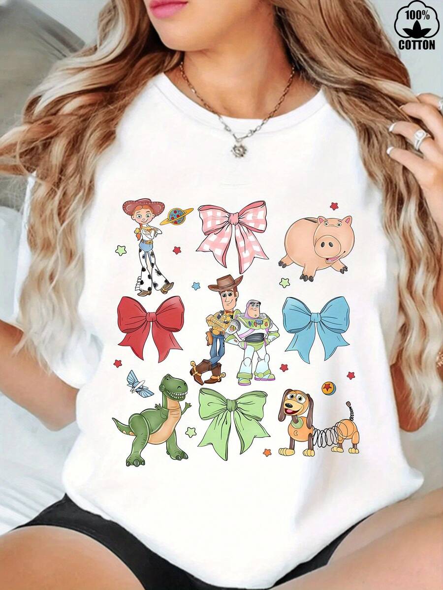 Disney Toy Story Characters With Bows And Ribbons Print White -Simple Casual Style Graphic 100% Pure Cotton T-Shirt - Soft & Comfortable Crew Neck Short Sleeve Tee, Streetwear Fashion Top For All Seasons, Casual Streetwear | Round Neck Tshirt - White - View 1