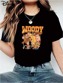 Disney  Toy Story Printed Women'S Casual Wear, Stylish Short-Sleeve T-Shirt, Suitable For Spring And Summer Women'S Clothing - 黑色 - 查看 2