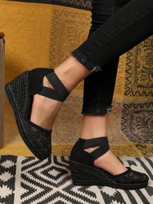 Breathable Backless Criss-Cross Elastic Casual Rope Wedge Sandals For Women - All Black - View 5