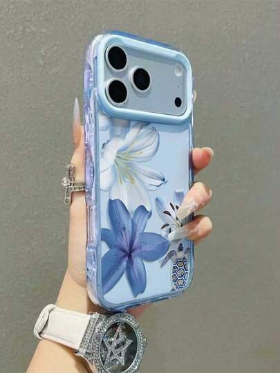 1pc Fashionable Blue Floral Turtle Print Shockproof Phone Case, Compatible With IPhone 17/17 Pro/17 Pro Max/16/11/16 Pro/16 Plus/16 Pro Max/16e/15 Pro Max/13/14/12, Anti-Fall Protective Phone Case