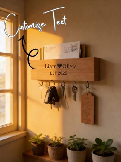 1pc Customized Wooden Key Holder Rack, Personalized Engraved Entryway Key Hook & Mail Organizer, Wall-Mounted Key Storage Rack, New Home Decor, Wedding Gift, Housewarming Gift, Couple Gift, Newlywed Gift