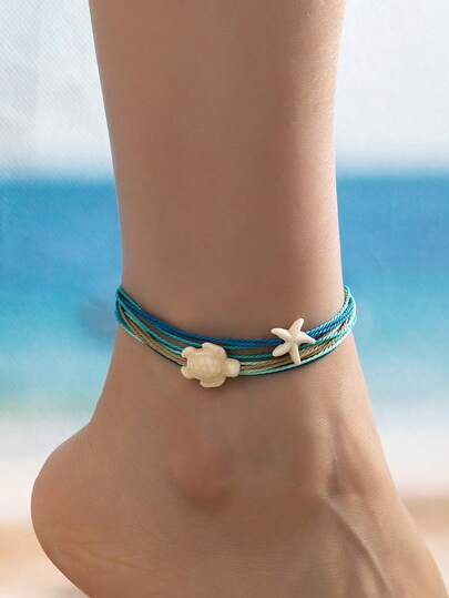 1 Pc Turquoise Color Wax Rope Anklet With Turtle And Starfish Charm, Summer Beachy Waterproof Ankel Bracelet For Women, Bohemian Boho Jewelry For Vacation Beach Wear