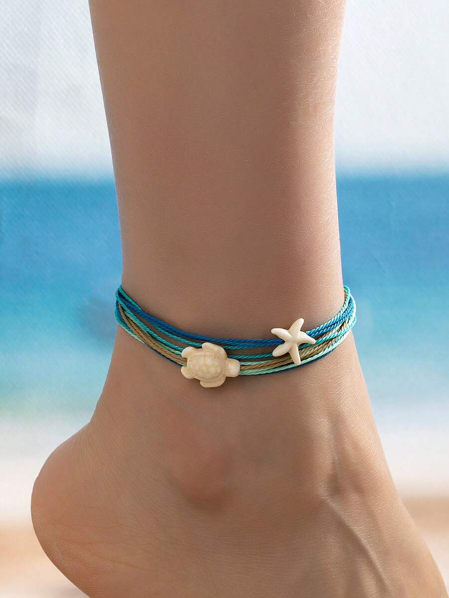 1 Pc Turquoise Color Wax Rope Anklet With Turtle And Starfish Charm, Summer Beachy Waterproof Ankel Bracelet For Women, Bohemian Boho Jewelry For Vacation Beach Wear - Starfish and Sea Turtle Anklet - View 1