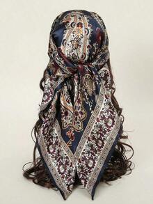 1pc Women's Fashion Summer Paisley Pattern 90cm Square Scarf, UV Protection Headscarf And Neck Bandana, Versatile Hair Wrap, Lightweight Satin-Feel Accessory For Daily Wear, Travel, And Outdoor Activities, Chic Gift Idea For Women - 01-海軍藍 - 查看 9