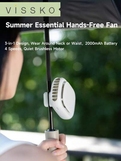 ViSSKO 여름 필수품 핸즈프리 선풍기 | 목/허리 착용 가능, 디지털 전원 디스플레이, 2000mAh 하루 종일 배터리, 4단계 풍속, 여행 동반자