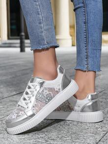 2026年春季新款系带银色休闲运动鞋，透气平底百搭鞋 - 銀色 - 查看 3