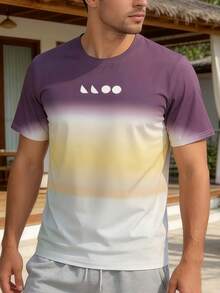 Camiseta de manga corta con estilo de vacaciones en degradado, nueva blusa de cuello redondo minimalista y versátil para el verano, adecuada para el transporte diario, vacaciones casuales, atuendo - Morado - Ver 2