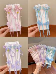 1对女士汉服发夹，水晶花朵复古丝带发夹，优雅中国风公主服饰配饰 - 彩色 - 查看 1