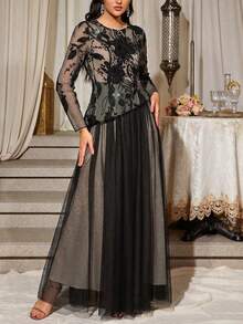 Women's Elegant Long Dress With Sheer Mesh, Floral Embroidery, And Sequin Accents, Suitable For Daily Wear, Parties, And Weddings Spring Party Black - Black - View 6