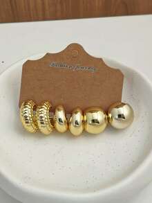 6/18pcs Gold Tone Earring Set - Featuring Distinctive Spiral And Ruffle C-Shaped Hoops, Paired With Glossy Dome And Teardrop Stud Earrings, Versatile Jewelry For Daily Wear And Parties - Multicolor - View 9