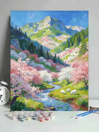 Mountain Spring Valley DIY Oil Painting By Numbers Canvas Painting Crafts Adult Home Decoration 40x50cm/16x20inch Holiday Gifts