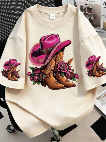 Stylish Boots Summer Western Style Graphic Tees Women Tops