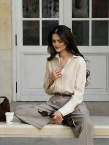 Women's Casual Loose Elegant Commuter Minimalist Soft Fashion Polo Collar Long Sleeve Shirt, Suitable For Multi-Occasion Wear Such As Commuting, Work, Home In All Seasons Spring - Apricot - View 7