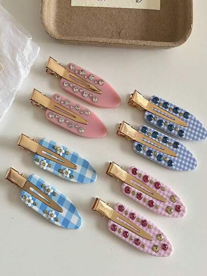 2/4pcs Pink & Blue Mixed Floral Pattern Rhinestone Decor Hair Clips, Sweet Plaid Hair Clips Suitable For Women Side Bangs, Washing, Makeup, Daily Wear