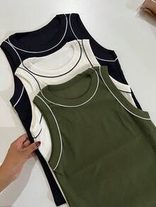 Set Of 3 Women's Two-Tone Summer Tank Tops, Long Sleeve, Visible Seams, Daily Wear - ĐEN+TẮT+XANH LÁ QUÂN ĐỘI - Xem 1