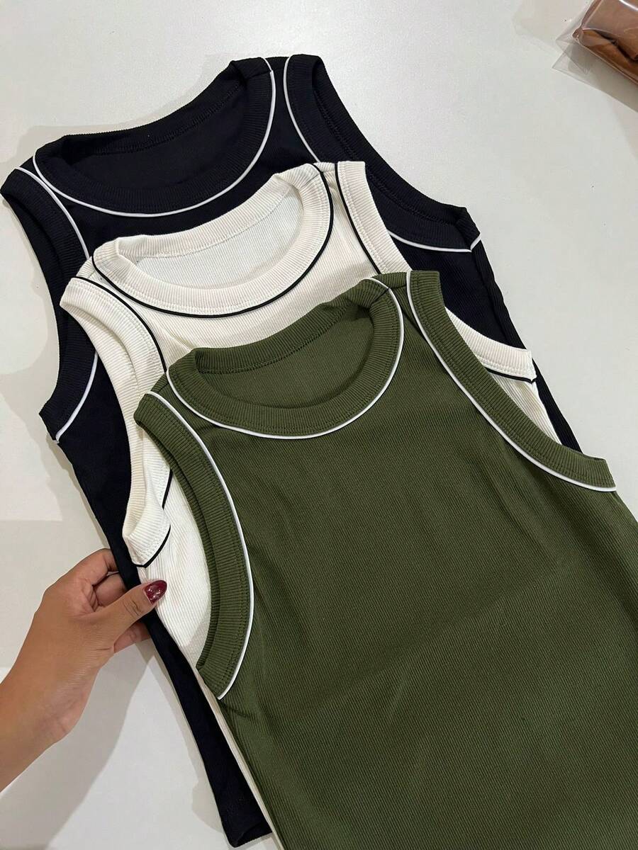 Set Of 3 Women's Two-Tone Summer Tank Tops, Long Sleeve, Visible Seams, Daily Wear - ĐEN+TẮT+XANH LÁ QUÂN ĐỘI - Xem 1