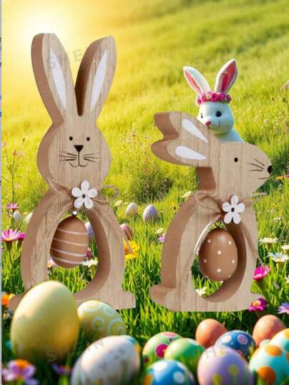 Đồ trang trí hình thỏ và trứng bằng gỗ phẳng cho lễ Phục Sinh, vật phẩm trang trí sưu tầm, đồ trang trí bàn làm việc tại nhà và văn phòng, khay trang trí nhiều tầng cho lễ Phục Sinh, đồ dùng ngày lễ, đồ trang trí mùa xuân, đồ trang trí nhà cửa cho lễ Phục Sinh, quà tặng lễ Phục Sinh