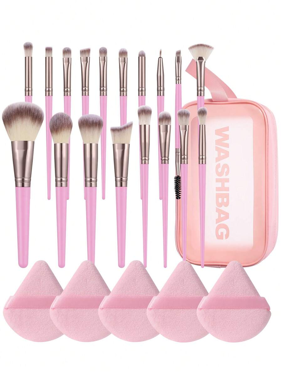 24PCS Makeup Tools Set Including:18PCS Makeup Brush Set+1pc Multi-Functional Zipper Toiletry And Cosmetic Bag Waterproof+5PCS Triangle Powder Puffs,All-In-One & Beginner-Friendly | Travel-Ready & Gift-Ready | Perfect For Newbies/Her - Multicolor - View 1