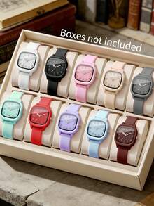 10pcs/Set Minimalist Casual Women's Quartz Watches, Multicolor Silicone Strap Styles (Including White, Black, Pink, Apricot, Gray, Green, Red, Purple, Blue And Brown Silicone Straps Paired With Square Dial Quartz Watches) - Multicolor - View 1