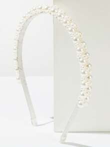 1pc Korean Style Handmade Wrapped Faux Pearl Headband, Beige Color Accessory Suitable For Daily Wear Hairband Hair Hoop - FG253 White - View 3