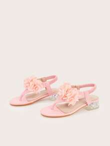 2026 New Girls' Flower Trim Chunky Heel Open Toe Lace-Up Sandals, Pink Fashionable Versatile Design Suitable For Spring, Summer, Autumn - Pink - View 2