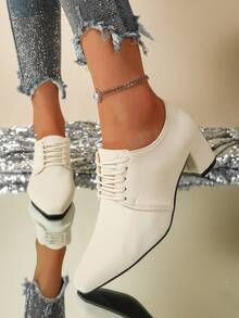 French Retro Square Toe Lace-Up Thick Heel Loafers, Spring New Casual Versatile British Style Leather Shoes For Women - Beige - View 5