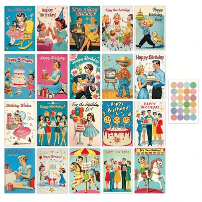 20张复古1950年代风格生日墙贴卡片套装 - 中世纪经典海报女郎人物蛋糕派对游乐园场景美学海报和拼贴画套装，适用于房间装饰、青少年宿舍和照片展示、生日礼物、派对邀请函、日记和相册