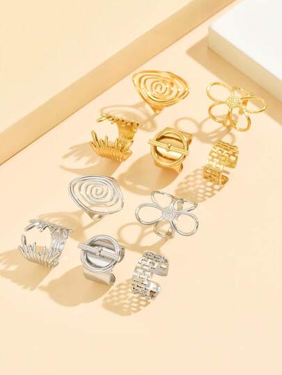 5pcs/Set Fashion Multi-Element Crown Open Ring, Stainless Steel Hollow Heart Ring, Waterproof & Fade-Resistant Finger Jewelry For Women, Holiday Gift & Party Wear