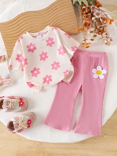 2pcs Baby Girls' Cute Floral Print Round Neck Top And Flared Pants Set, Summer