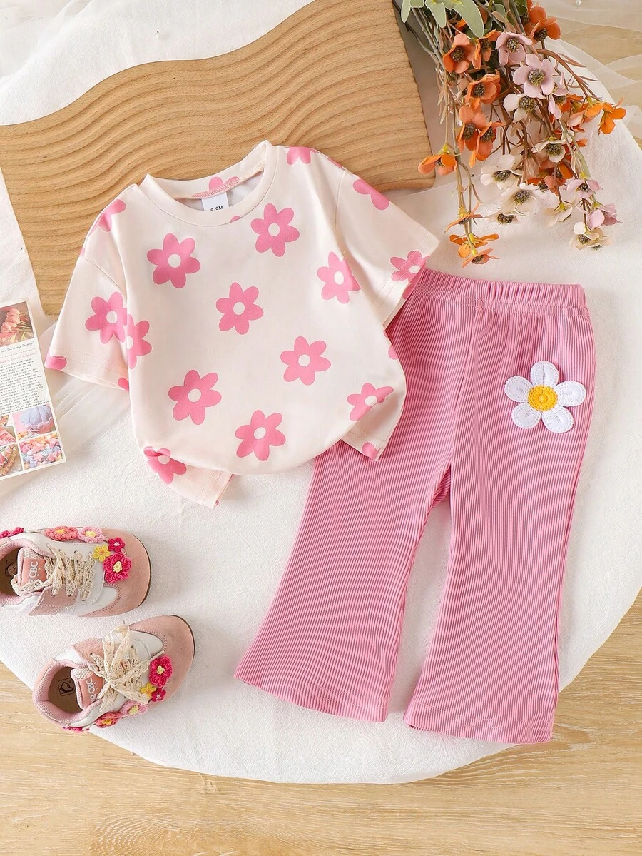 2pcs Baby Girls' Cute Floral Print Round Neck Top And Flared Pants Set, Summer - Pink - View 1