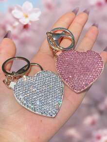 1pc Heart-Shaped Pocket Mirror Keychain, Highly Attractive Shiny Artificial Rhinestone Inlaid, High-Definition Makeup Mirror With Key Ring, Portable Travel Cosmetic Mirror, Creative Exquisite Holiday Gift - Multicolor - View 2