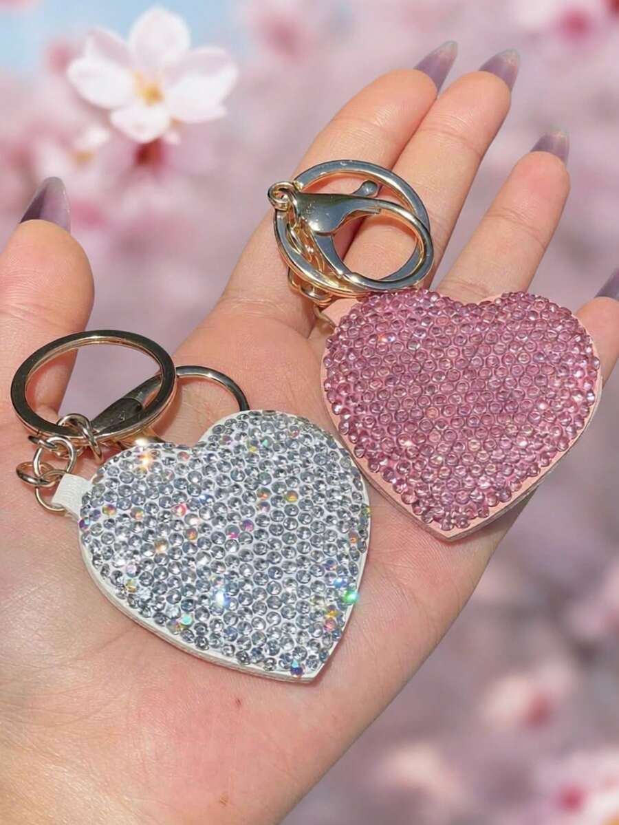1pc Heart-Shaped Pocket Mirror Keychain, Highly Attractive Shiny Artificial Rhinestone Inlaid, High-Definition Makeup Mirror With Key Ring, Portable Travel Cosmetic Mirror, Creative Exquisite Holiday Gift