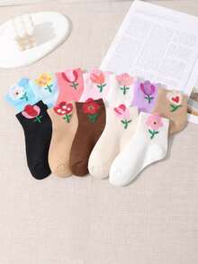 12双装儿童随机纯色花卉耳朵图案休闲短袜，春夏款 - 彩色 - 查看 1