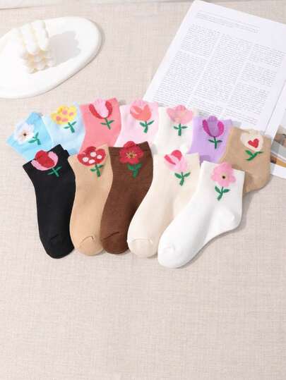 12 Pairs Kids' Random Solid Color Floral & Ear Design Casual Short Socks, Spring/Summer
