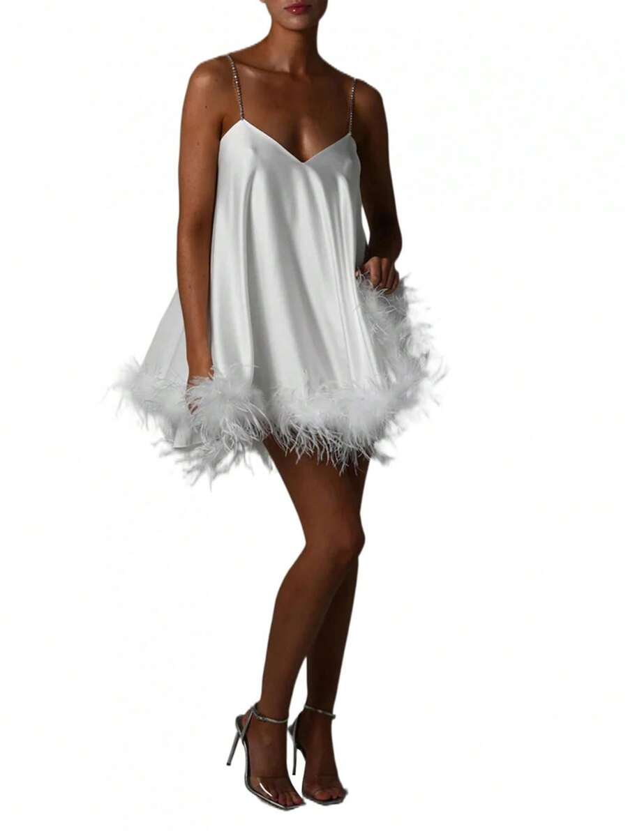 Women Satin Fringe Mini Dresses Faux Feather Trim Prom Party Dress Glitter Rhinestone Chian Spaghetti Straps Deep V-Neck Backless Loose Tunic Cami Dress Vacation Beachwear Party Clubwear Night Going Out Dress - 白色 - 查看 1