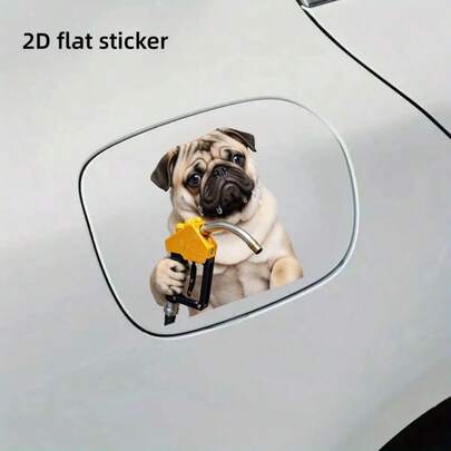 1pc 2D Flat Sticker, Light Brown & White Bulldog Holding Yellow Fuel Nozzle With Metal Hose, Car Fuel Tank Cap Sticker, Auto Decal