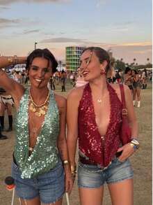 Women Halter Neck Sequin Tank Tops Sparkly Glitter Backless Cowl Neck Drape Front Camisoles Plunge Vests Summer Sleeveless Deep V-Neck Party Tops Vacation Beachwear Mermaid Costumes Clubwear - 紅色 - 查看 3
