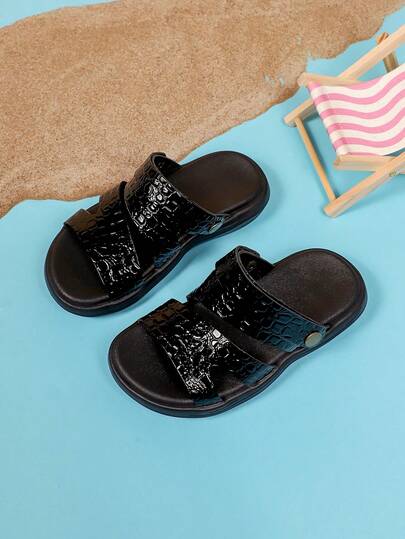 1 Pair New Boys' Sandals, Black Crocodile Embossed Patent Leather Material, Comfortable And Fashionable, Stylish Silhouette. Adjustable Strap Summer Shoes, Suitable For Casual And Formal Wear, Durable Dual-Density Outsole, Fit For 3-15 Years Old Boys For Daily Casual, Summer Party, Casual And Formal Outfits