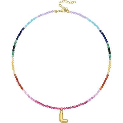 KissYan - Collar con cuentas e inicial para mujer, chapado en oro de 14 quilates, colgante de letra de burbuja con piedras preciosas de arcoíris, gargantilla colorida de verano para la playa,42369849
