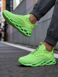 Men's Athletic Neon Green Shoes With Hollow EVA Sole Lightweight Sport Sneakers For Running Fitness And Urban Street Style - 綠色 - 查看 2