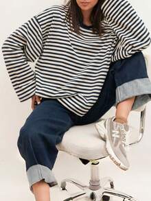 New Stylish & Elegant Striped Ribbed Top, Suitable For Everyday Wear, Brunch, Airport Outfit, All Seasons Spring - Deep Blue - View 4